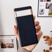 For Google Pixel 7 5G Nano Electroplating Cross Texture Genuine Leather Phone Case(Blue)