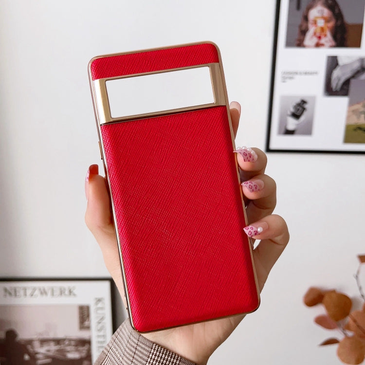 For Google Pixel 7 5G Nano Electroplating Cross Texture Genuine Leather Phone Case(Red)