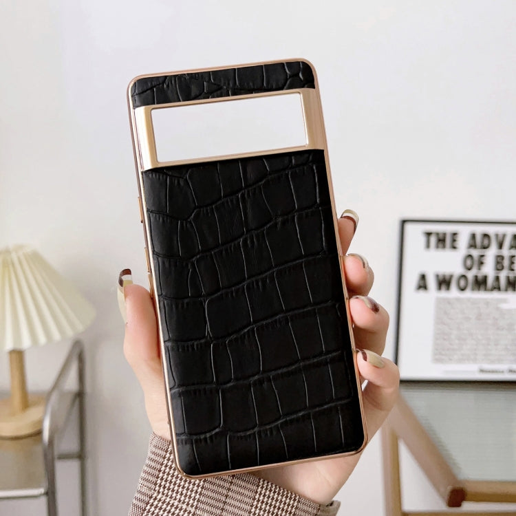 For Google Pixel 6 Crocodile Texture Genuine Leather Electroplating Phone Case(Black)