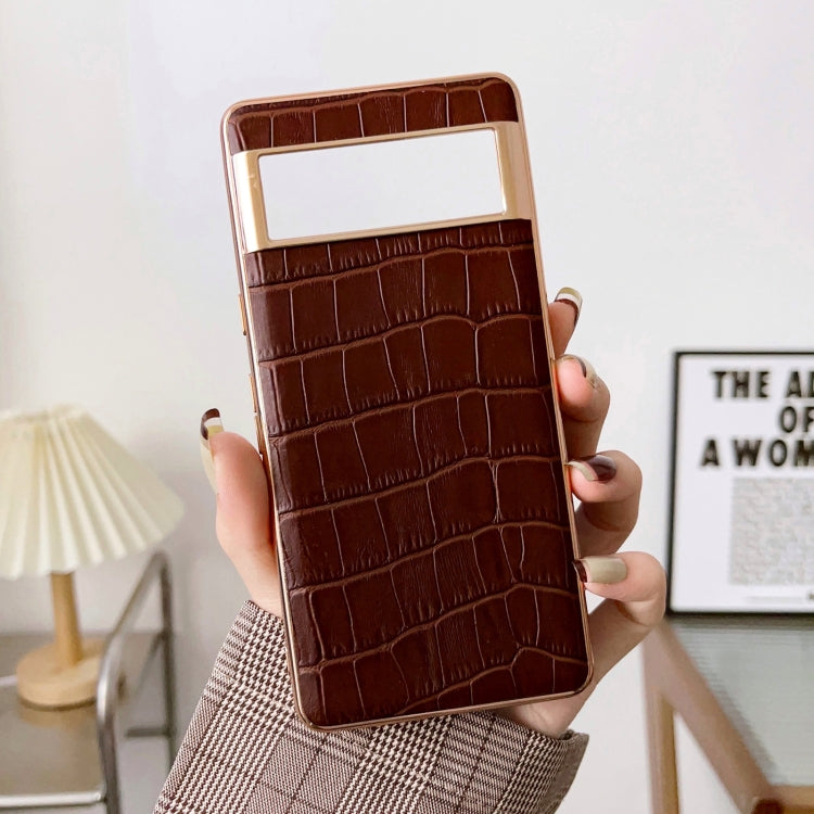 For Google Pixel 6 Crocodile Texture Genuine Leather Electroplating Phone Case(Brown)