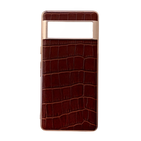 For Google Pixel 6 Crocodile Texture Genuine Leather Electroplating Phone Case(Brown)