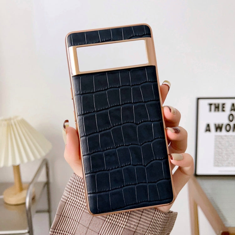 For Google Pixel 6 Crocodile Texture Genuine Leather Electroplating Phone Case(Blue)