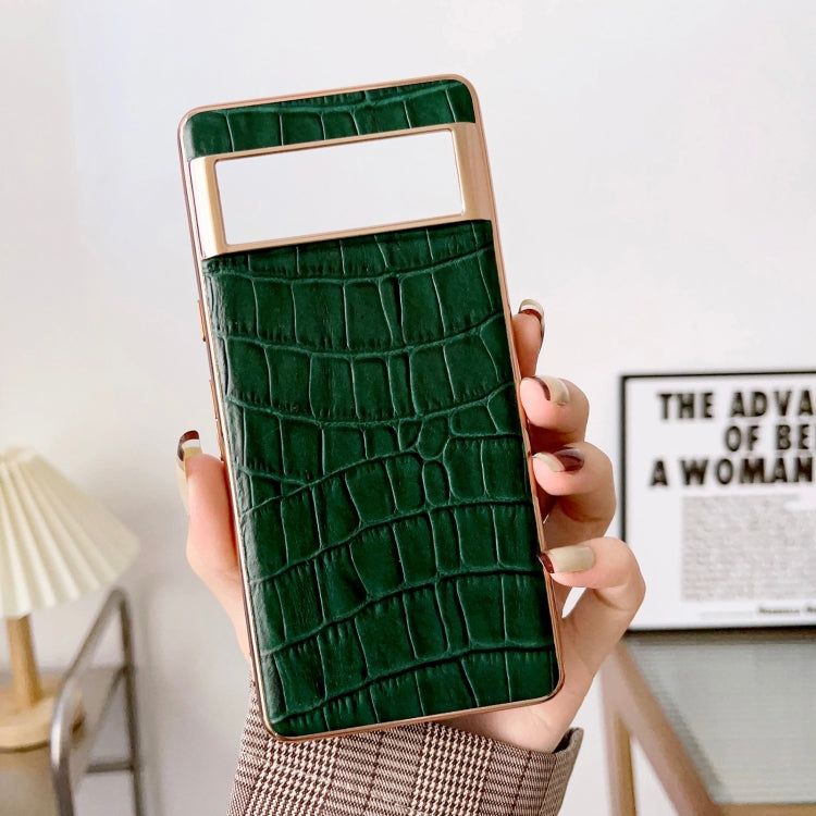 For Google Pixel 6 Pro Crocodile Texture Genuine Leather Electroplating Phone Case(Dark Green)
