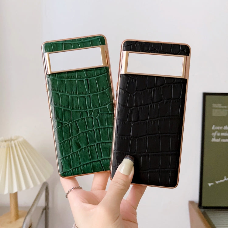 For Google Pixel 6 Pro Crocodile Texture Genuine Leather Electroplating Phone Case(Dark Green)