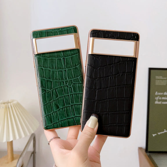 For Google Pixel 6 Pro Crocodile Texture Genuine Leather Electroplating Phone Case(Dark Green)