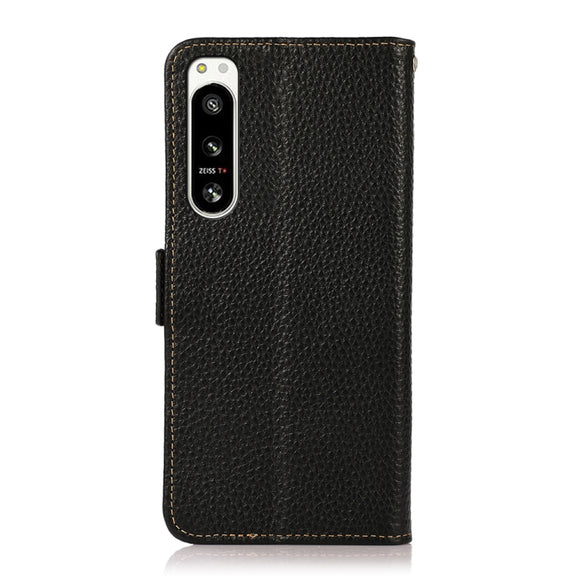 For Sony Xperia 5 IV KHAZNEH Side-Magnetic Litchi Genuine Leather RFID Case(Black)