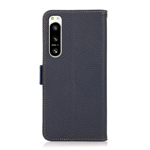 For Sony Xperia 5 IV KHAZNEH Side-Magnetic Litchi Genuine Leather RFID Case(Blue)