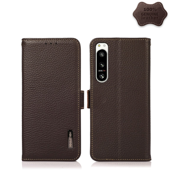 For Sony Xperia 5 IV KHAZNEH Side-Magnetic Litchi Genuine Leather RFID Case(Brown)