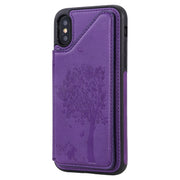 For iPhone XS / X Cat Tree Embossing Pattern Shockproof Protective Case with Card Slots & Photo Frame & Holder(Purple)