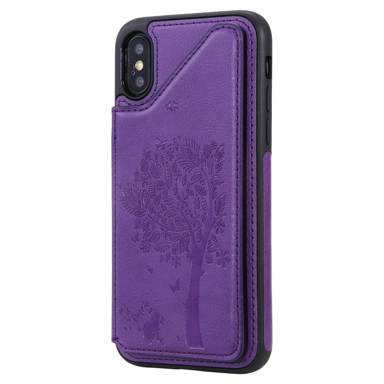 For iPhone XS / X Cat Tree Embossing Pattern Shockproof Protective Case with Card Slots & Photo Frame & Holder(Purple)