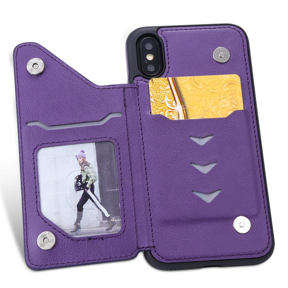 For iPhone XS / X Cat Tree Embossing Pattern Shockproof Protective Case with Card Slots & Photo Frame & Holder(Purple)