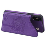 For iPhone XS / X Cat Tree Embossing Pattern Shockproof Protective Case with Card Slots & Photo Frame & Holder(Purple)