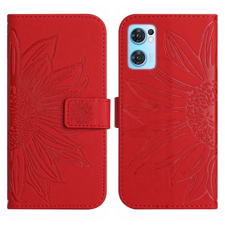 For OPPO Reno7 5G/Find X5 Lite Skin Feel Sun Flower Pattern Flip Leather Phone Case with Lanyard(Red)