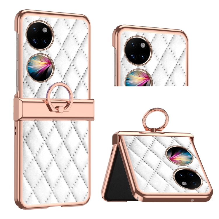 For Huawei P50 Pocket Grid Leather Pattern Electroplating Frame Folding Phone Case(White)