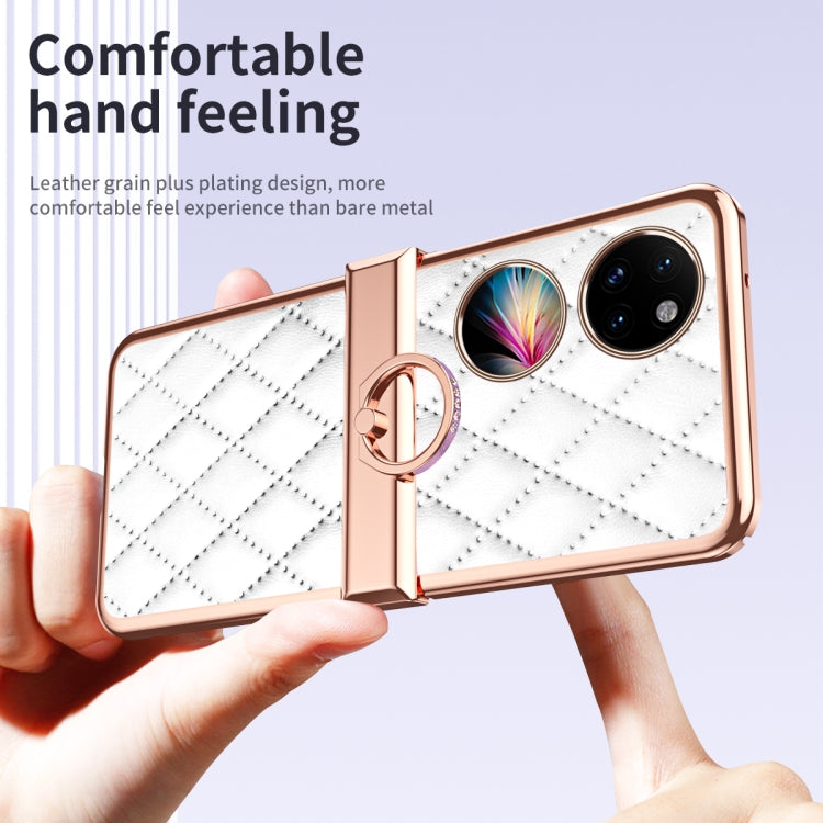 For Huawei P50 Pocket Grid Leather Pattern Electroplating Frame Folding Phone Case(White)