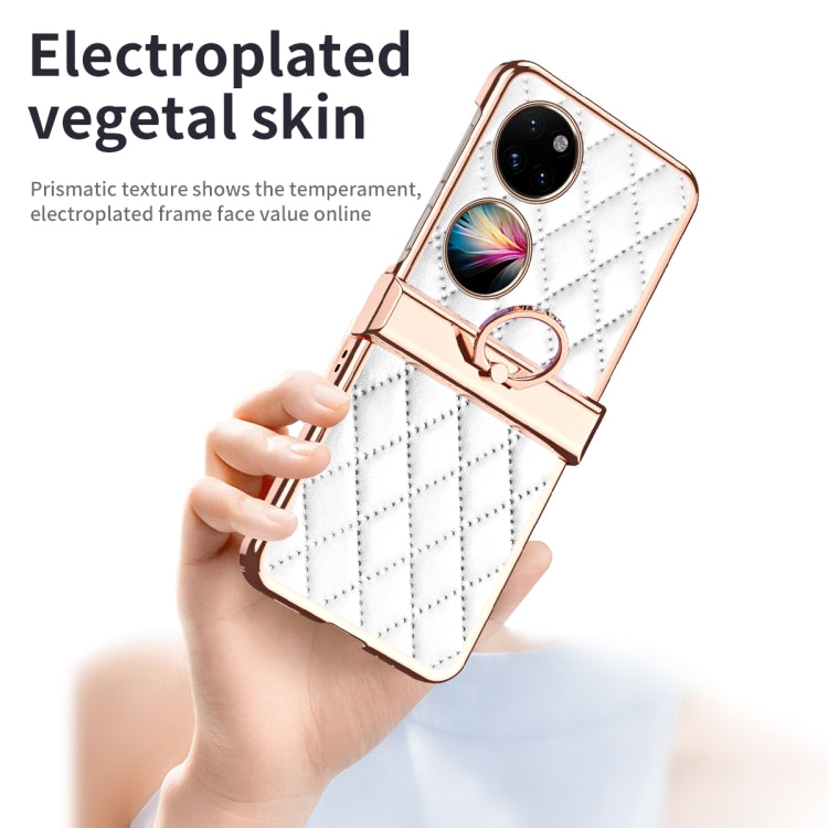 For Huawei P50 Pocket Grid Leather Pattern Electroplating Frame Folding Phone Case(White)