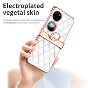 For Huawei P50 Pocket Grid Leather Pattern Electroplating Frame Folding Phone Case(White)