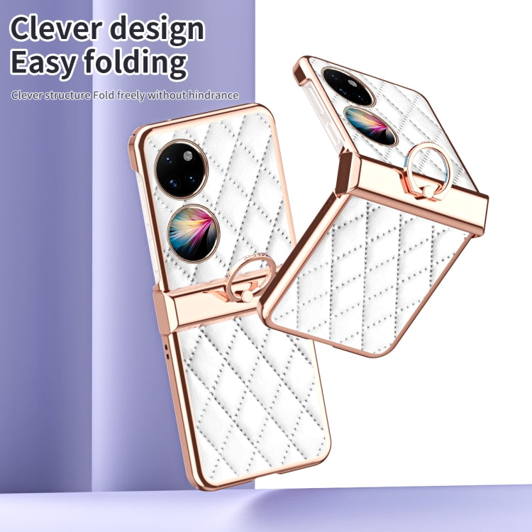 For Huawei P50 Pocket Grid Leather Pattern Electroplating Frame Folding Phone Case(White)