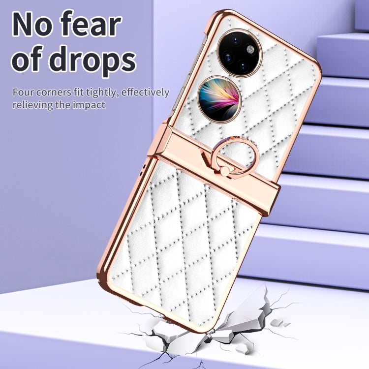 For Huawei P50 Pocket Grid Leather Pattern Electroplating Frame Folding Phone Case(White)