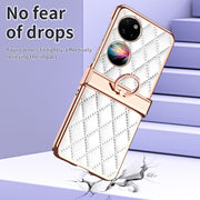 For Huawei P50 Pocket Grid Leather Pattern Electroplating Frame Folding Phone Case(White)
