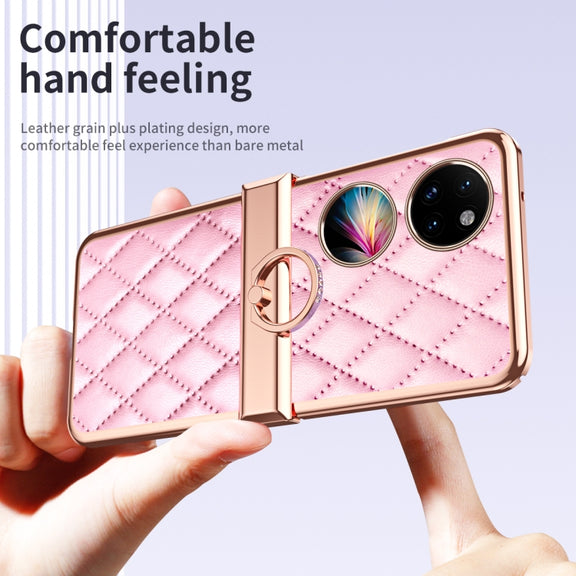 For Huawei P50 Pocket Grid Leather Pattern Electroplating Frame Folding Phone Case(Pink)