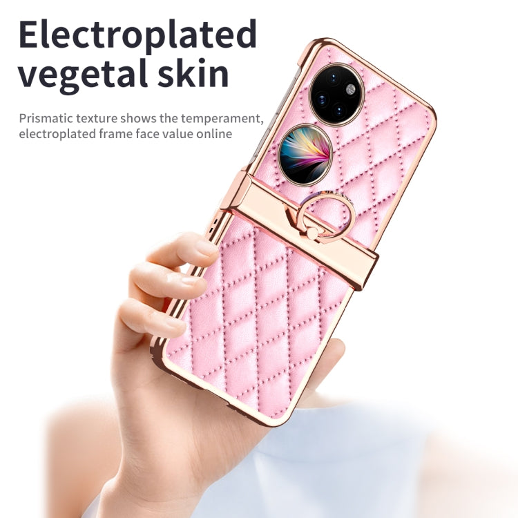 For Huawei P50 Pocket Grid Leather Pattern Electroplating Frame Folding Phone Case(Pink)