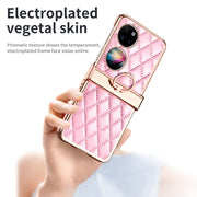 For Huawei P50 Pocket Grid Leather Pattern Electroplating Frame Folding Phone Case(Pink)