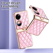 For Huawei P50 Pocket Grid Leather Pattern Electroplating Frame Folding Phone Case(Pink)