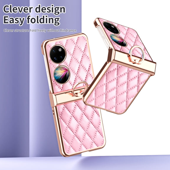 For Huawei P50 Pocket Grid Leather Pattern Electroplating Frame Folding Phone Case(Pink)