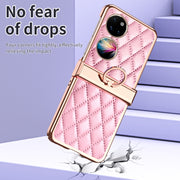 For Huawei P50 Pocket Grid Leather Pattern Electroplating Frame Folding Phone Case(Pink)