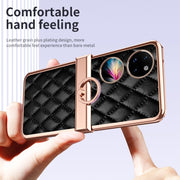 For Huawei P50 Pocket Grid Leather Pattern Electroplating Frame Folding Phone Case(Black)