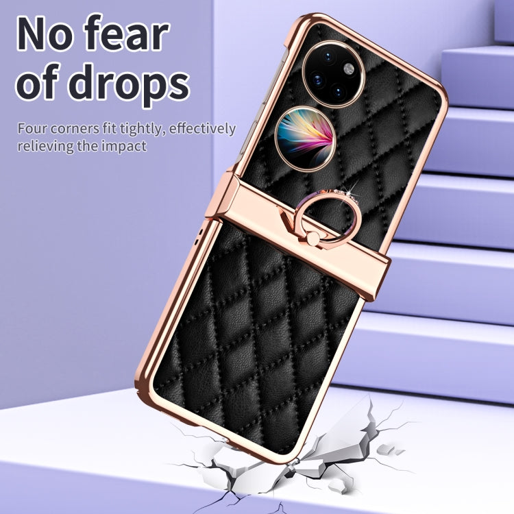 For Huawei P50 Pocket Grid Leather Pattern Electroplating Frame Folding Phone Case(Black)