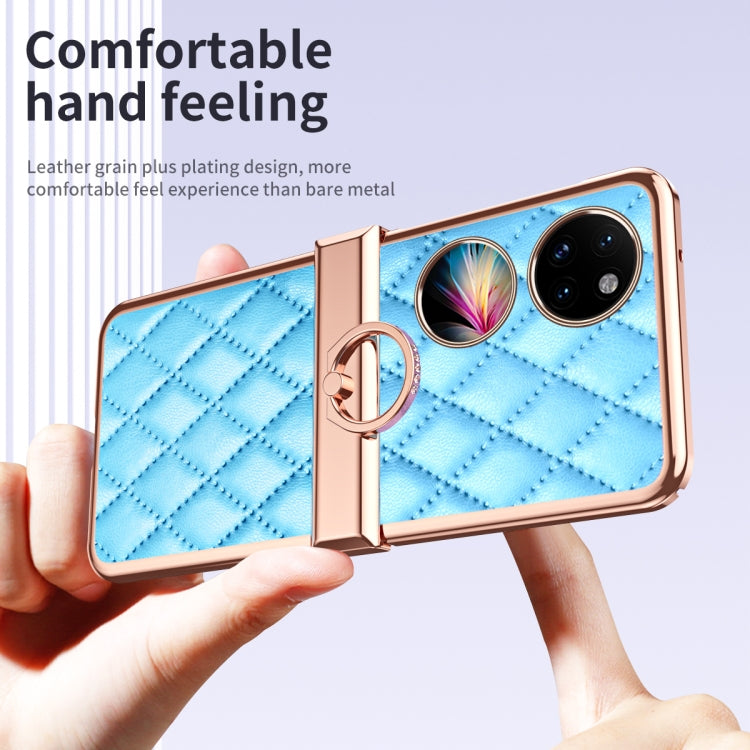 For Huawei P50 Pocket Grid Leather Pattern Electroplating Frame Folding Phone Case(Blue)