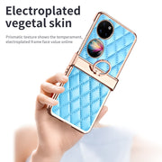 For Huawei P50 Pocket Grid Leather Pattern Electroplating Frame Folding Phone Case(Blue)
