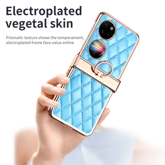 For Huawei P50 Pocket Grid Leather Pattern Electroplating Frame Folding Phone Case(Blue)
