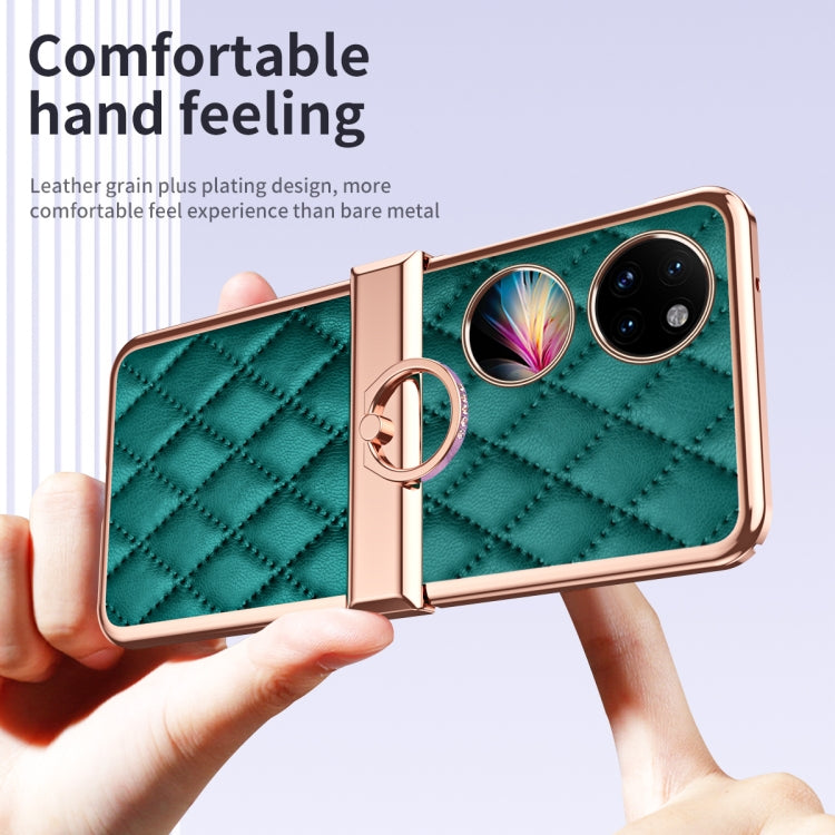 For Huawei P50 Pocket Grid Leather Pattern Electroplating Frame Folding Phone Case(Green)