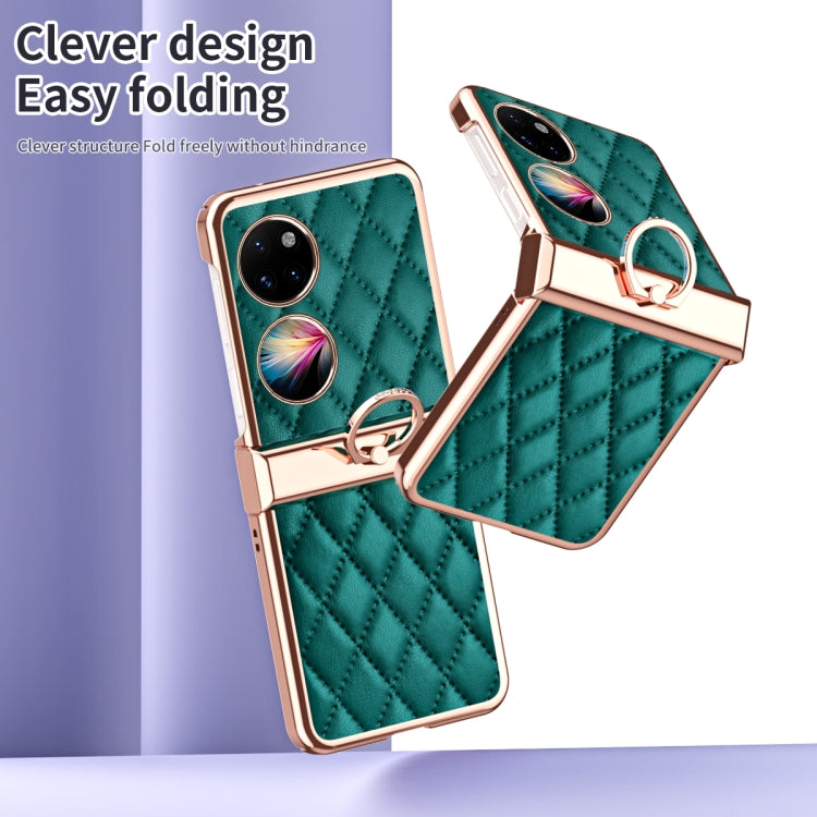 For Huawei P50 Pocket Grid Leather Pattern Electroplating Frame Folding Phone Case(Green)