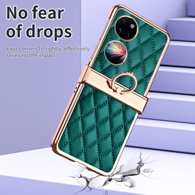 For Huawei P50 Pocket Grid Leather Pattern Electroplating Frame Folding Phone Case(Green)