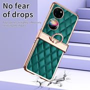 For Huawei P50 Pocket Grid Leather Pattern Electroplating Frame Folding Phone Case(Green)
