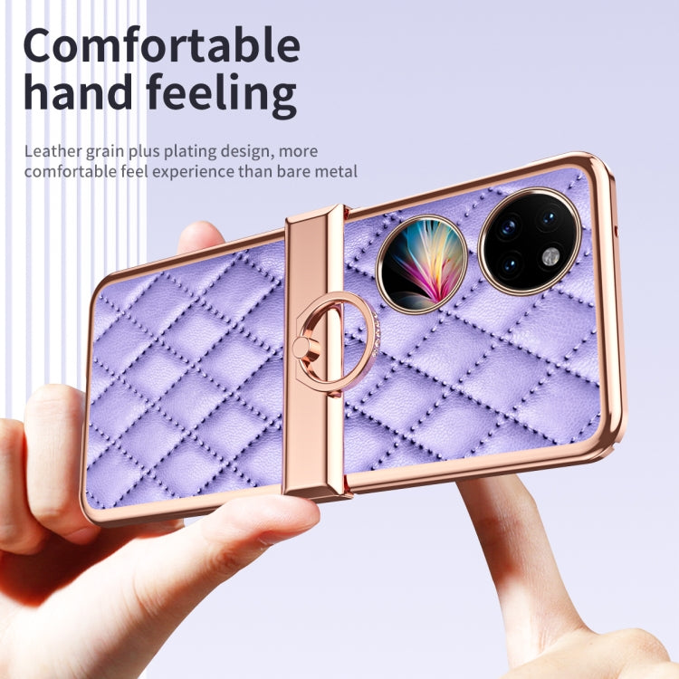 For Huawei P50 Pocket Grid Leather Pattern Electroplating Frame Folding Phone Case(Purple)