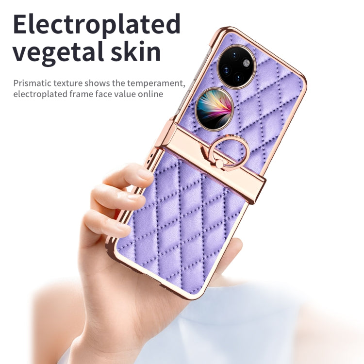 For Huawei P50 Pocket Grid Leather Pattern Electroplating Frame Folding Phone Case(Purple)
