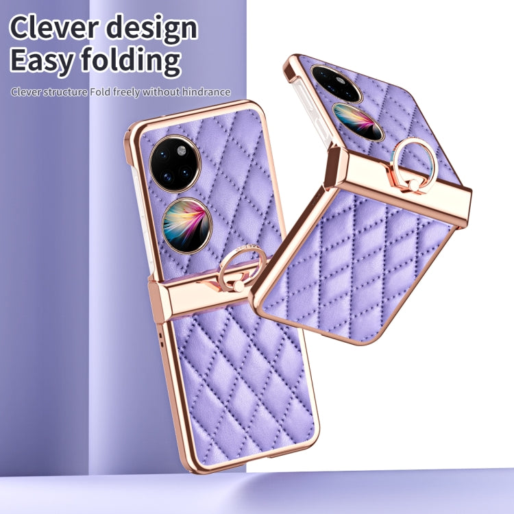 For Huawei P50 Pocket Grid Leather Pattern Electroplating Frame Folding Phone Case(Purple)