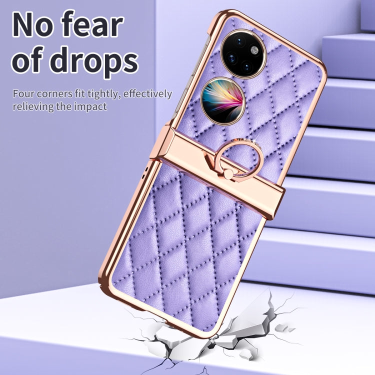 For Huawei P50 Pocket Grid Leather Pattern Electroplating Frame Folding Phone Case(Purple)