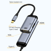 Y001 3 in 1 USB-C/Type-C to VGA+HDMI+USB-C/Type-C Audio Adapter Cable
