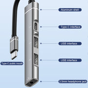 USB-C / Type-C to 3.5mm + 2USB + Type-C HUB Docking Station(Silver)