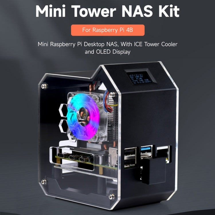 Waveshare Mini Tower NAS Kit for Raspberry Pi 4B Support Up to 2TB M.2 SATA SSD(Black)