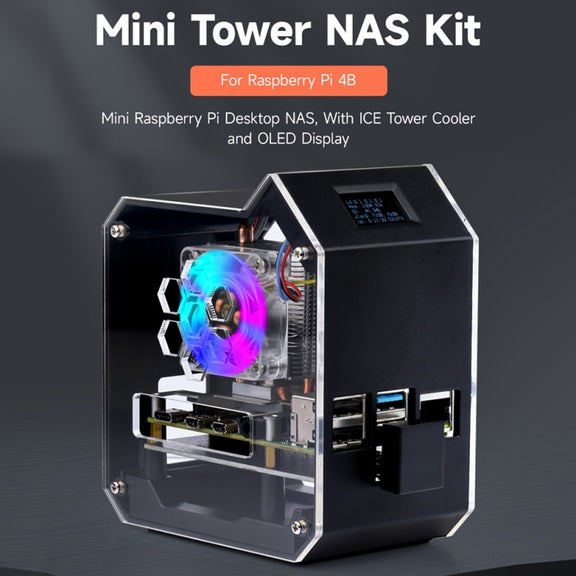 Waveshare Mini Tower NAS Kit for Raspberry Pi 4B Support Up to 2TB M.2 SATA SSD(Black)
