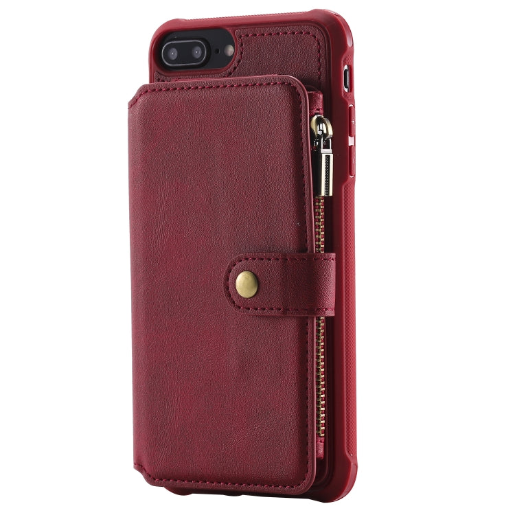 For iPhone 7 Plus / 8 Plus Zipper Shockproof Protective Case with Card Slots & Bracket & Photo Holder & Wallet Function(Red)
