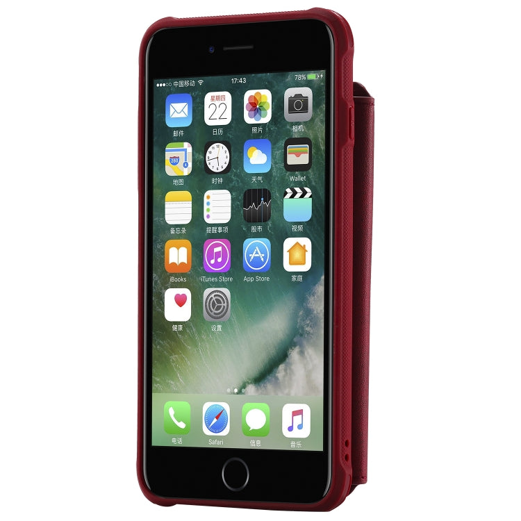 For iPhone 7 Plus / 8 Plus Zipper Shockproof Protective Case with Card Slots & Bracket & Photo Holder & Wallet Function(Red)