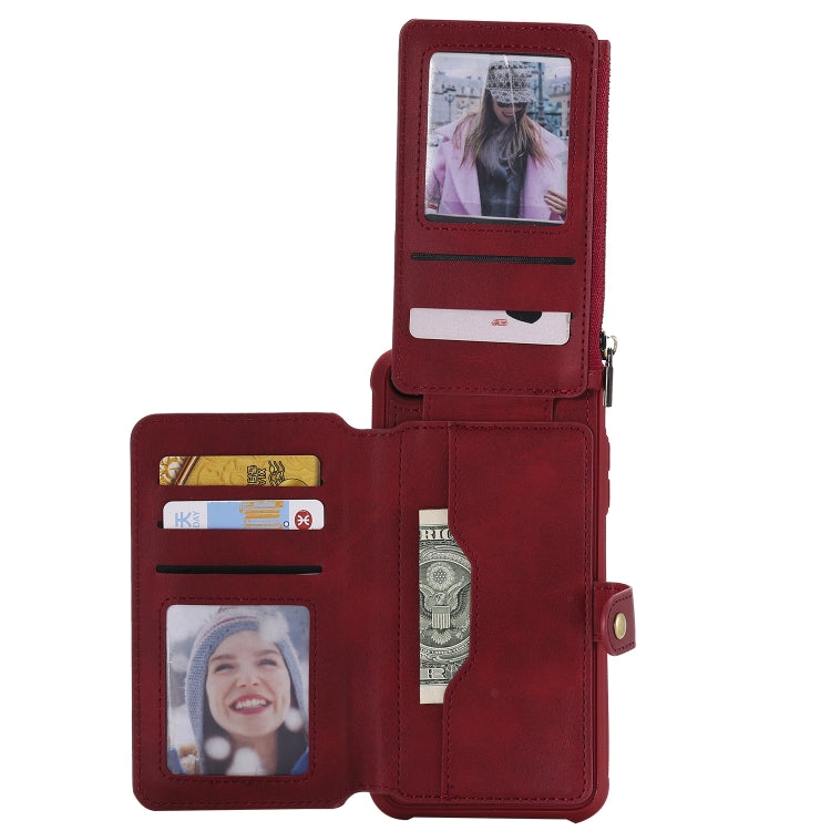 For iPhone 7 Plus / 8 Plus Zipper Shockproof Protective Case with Card Slots & Bracket & Photo Holder & Wallet Function(Red)